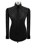 Luxury men's black hand-beaded formal dress shirt featuring intricate decorative embellishments and premium tailored craftsmanship.