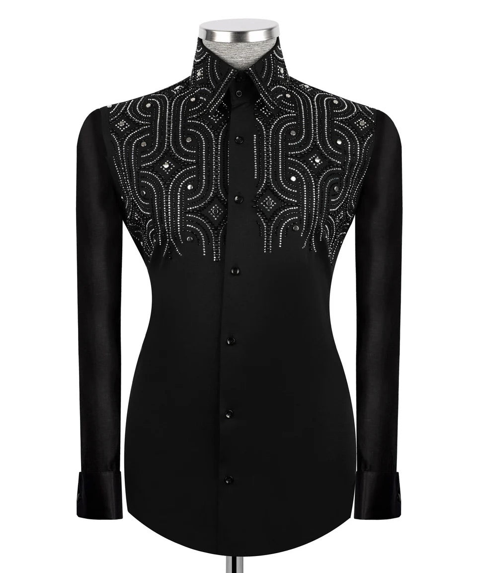 Luxury men's black hand-beaded formal dress shirt featuring intricate decorative embellishments and premium tailored craftsmanship.