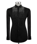 Luxury men's black hand-beaded formal dress shirt featuring intricate decorative embellishments and premium tailored craftsmanship.
