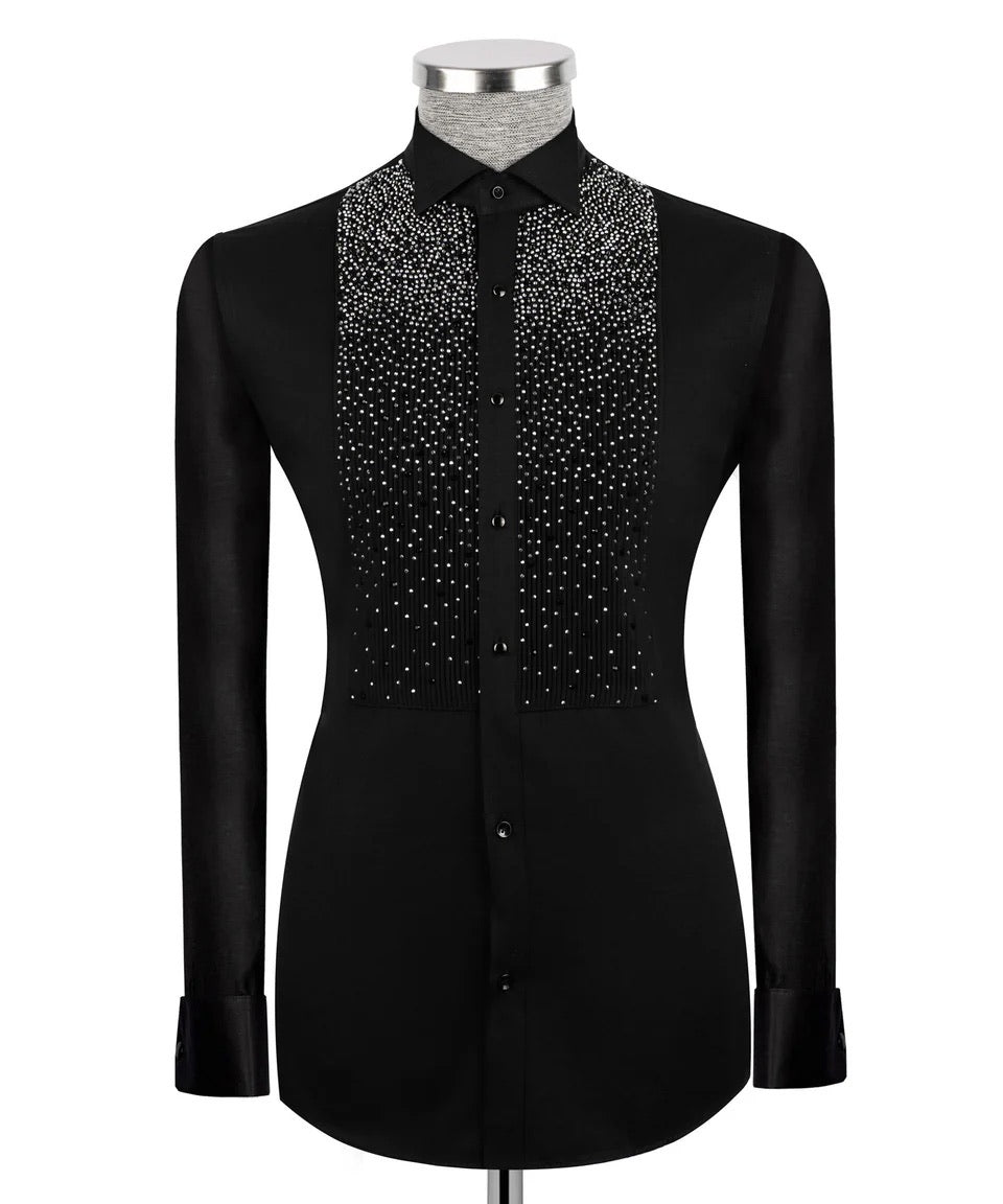 Luxury men's black hand-beaded formal dress shirt featuring intricate decorative embellishments and premium tailored craftsmanship.