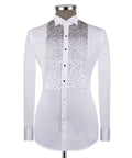 Luxury men's white hand-beaded formal dress shirt featuring intricate decorative embellishments and premium tailored craftsmanship.
