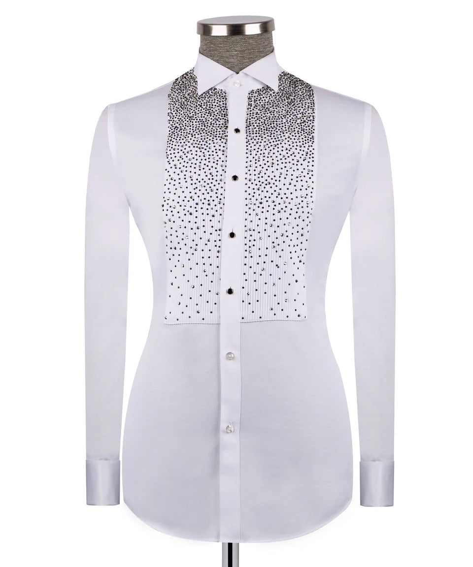 Luxury men's white hand-beaded formal dress shirt featuring intricate decorative embellishments and premium tailored craftsmanship.
