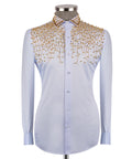 Luxury men's white hand-beaded formal dress shirt featuring intricate decorative embellishments and premium tailored craftsmanship.