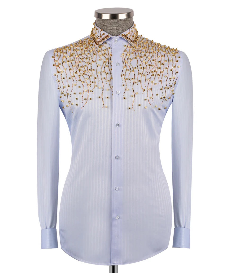 Luxury men's white hand-beaded formal dress shirt featuring intricate decorative embellishments and premium tailored craftsmanship.