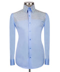 Luxury men's blue hand-beaded formal dress shirt featuring intricate decorative embellishments and premium tailored craftsmanship.