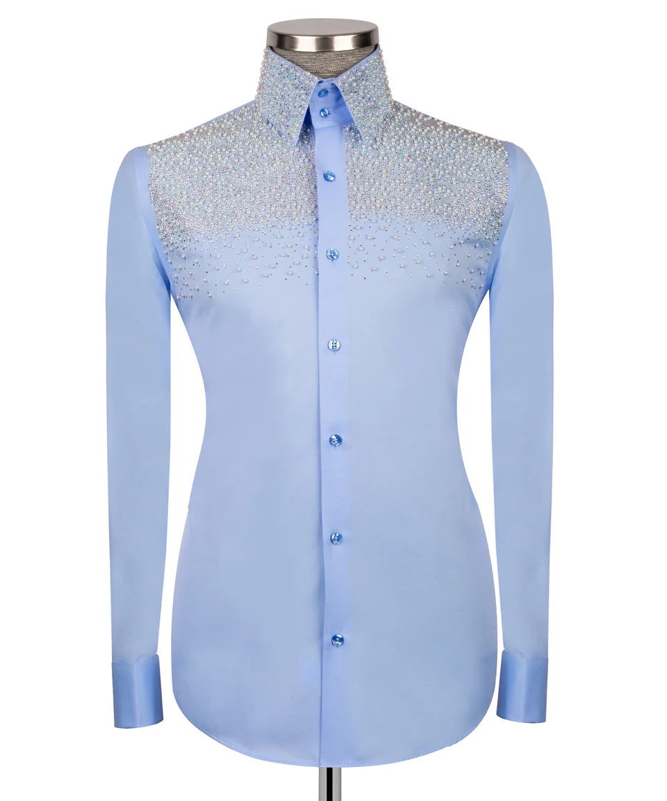 Luxury men's blue hand-beaded formal dress shirt featuring intricate decorative embellishments and premium tailored craftsmanship.