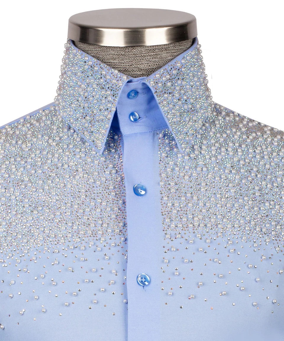 Men's Luxury Hand-Beaded Dress Shirt- Blue