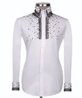 Luxury men's white hand-beaded formal dress shirt featuring intricate decorative embellishments and premium tailored craftsmanship.