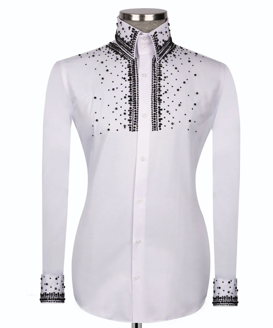 Luxury men's white hand-beaded formal dress shirt featuring intricate decorative embellishments and premium tailored craftsmanship.