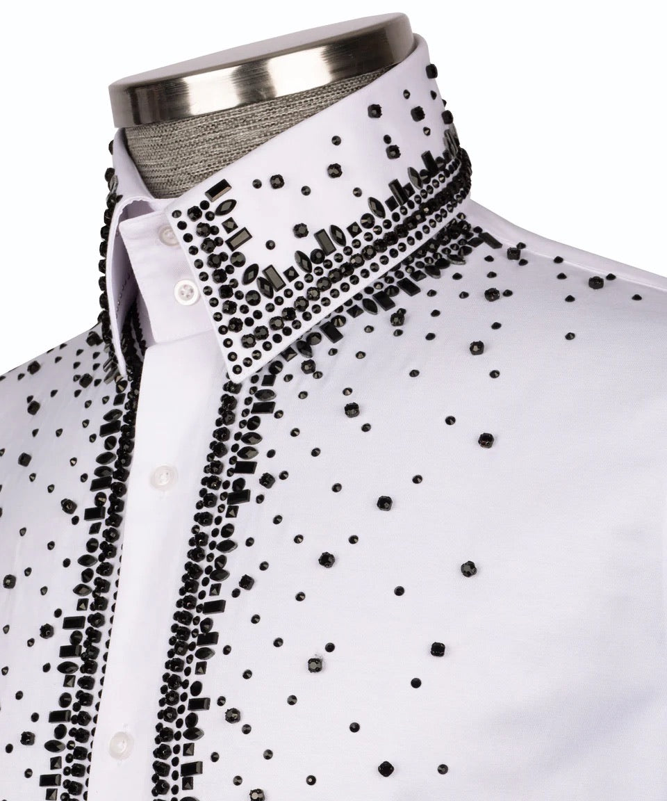 Luxury men's white hand-beaded formal dress shirt featuring intricate decorative embellishments and premium tailored craftsmanship.