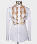 Luxury men's white hand-beaded formal dress shirt featuring intricate decorative embellishments and premium tailored craftsmanship.