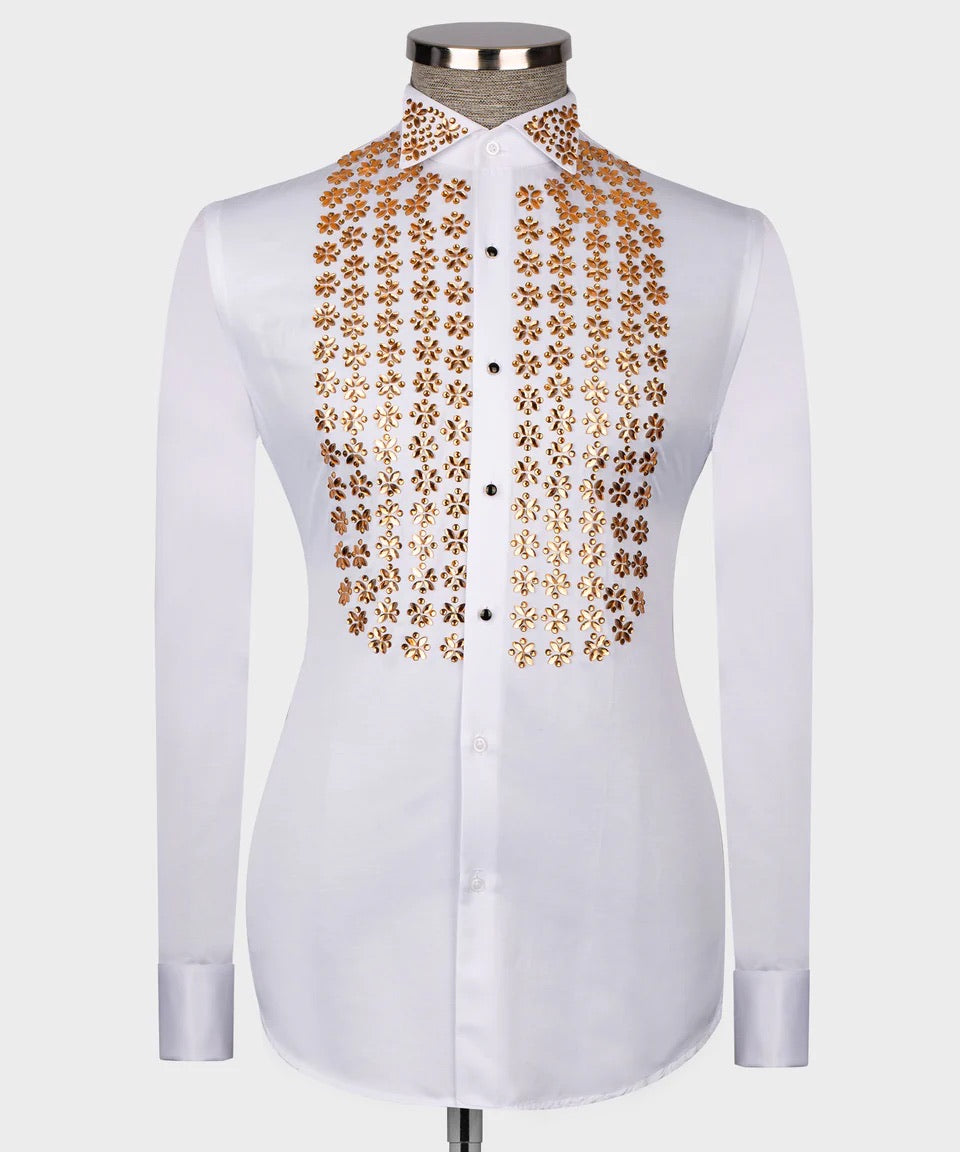 Luxury men's white hand-beaded formal dress shirt featuring intricate decorative embellishments and premium tailored craftsmanship.