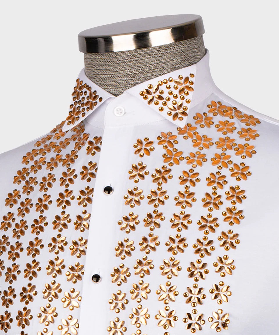 Men's Luxury Hand-Beaded Dress Shirt- White