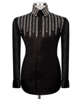 Luxury men's black hand-beaded formal dress shirt featuring intricate decorative embellishments and premium tailored craftsmanship.