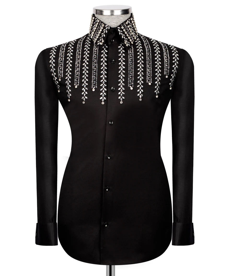 Luxury men's black hand-beaded formal dress shirt featuring intricate decorative embellishments and premium tailored craftsmanship.