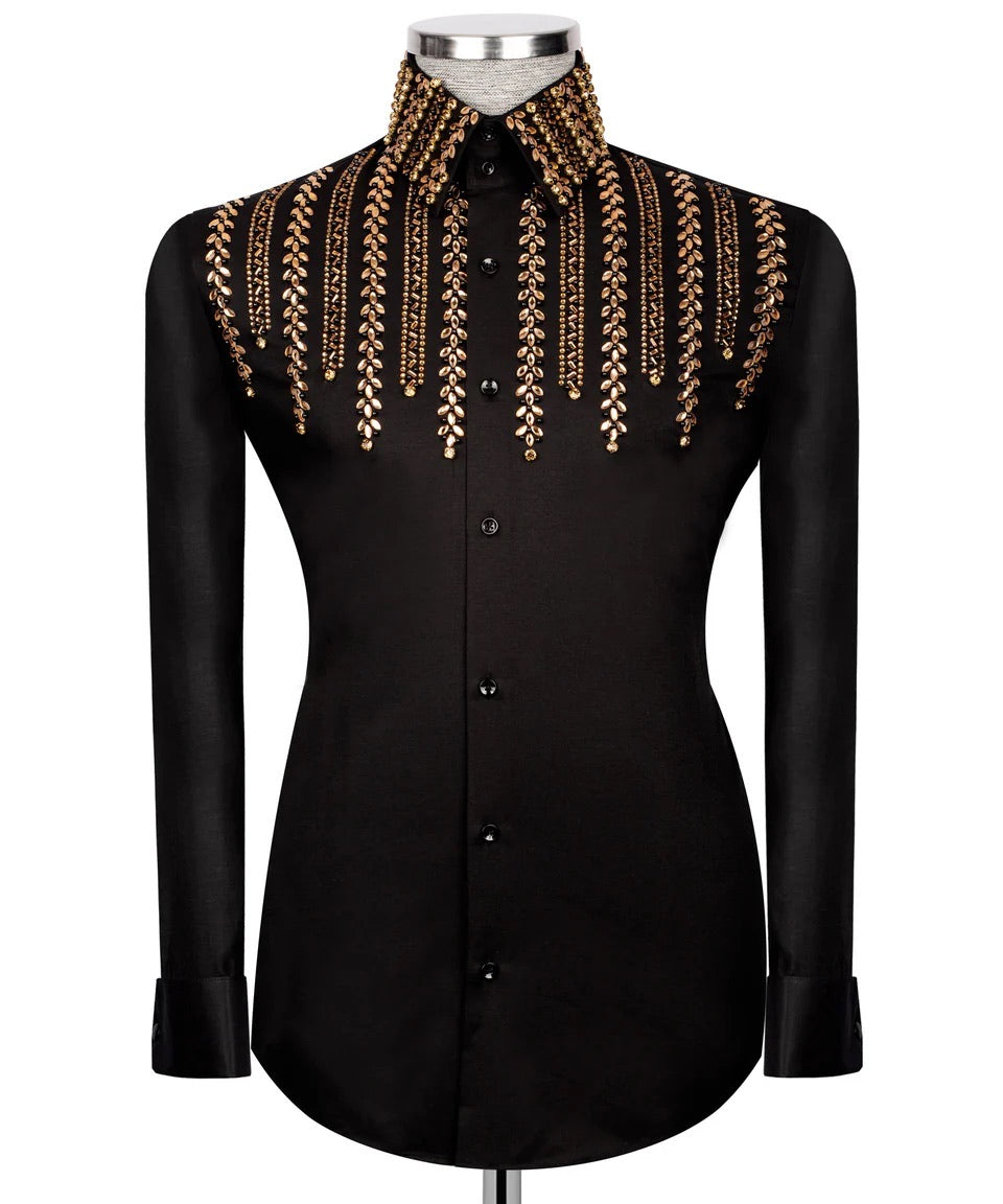 Luxury men's black and gold hand-beaded formal dress shirt featuring intricate decorative embellishments and premium tailored craftsmanship.