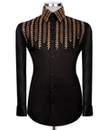 Luxury men's black and gold hand-beaded formal dress shirt featuring intricate decorative embellishments and premium tailored craftsmanship.