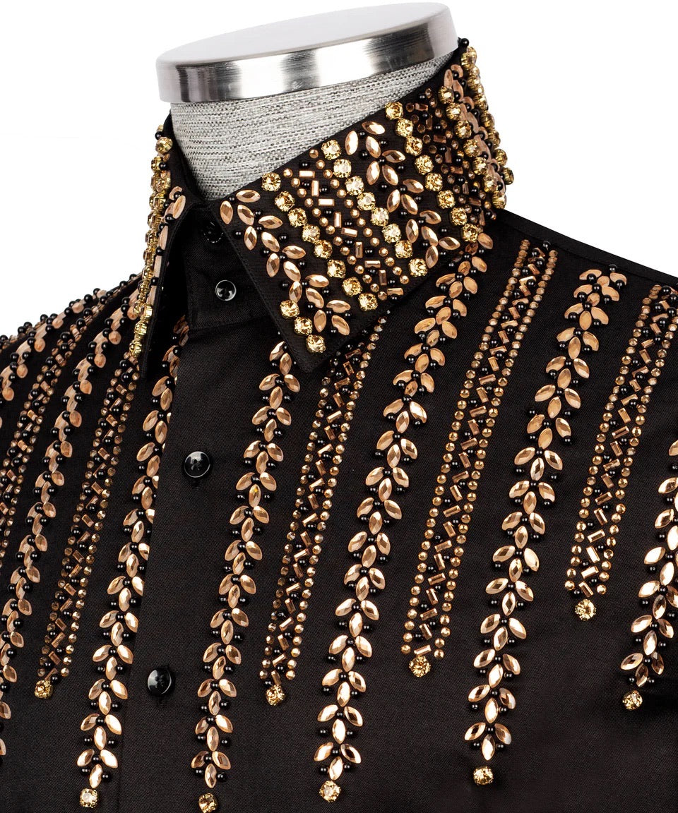 Men's Luxury Hand-Beaded Dress Shirt- Black