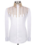 Luxury men's white hand-beaded formal dress shirt featuring intricate decorative embellishments and premium tailored craftsmanship.