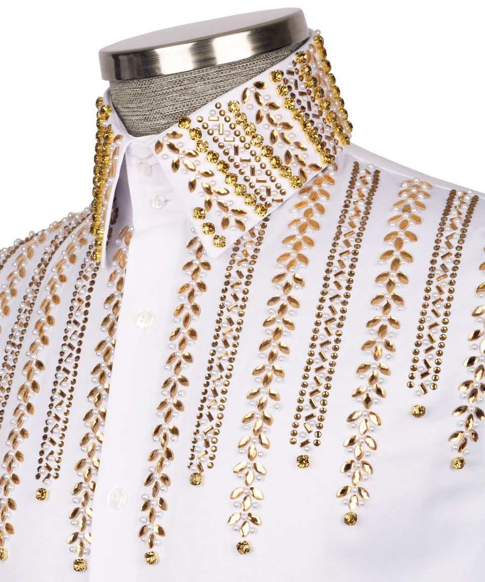 Luxury men's white hand-beaded formal dress shirt featuring intricate decorative embellishments and premium tailored craftsmanship.
