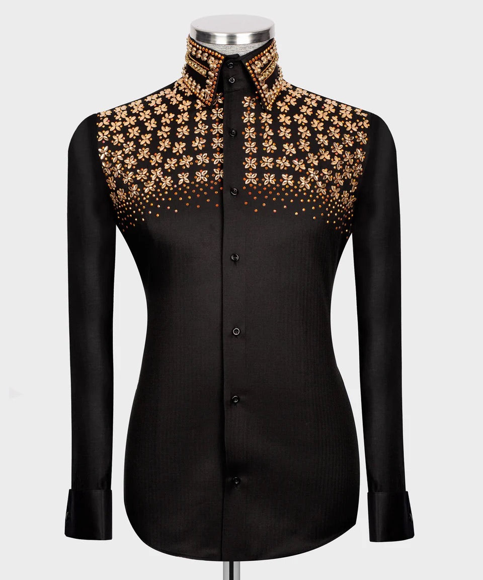 Luxury men's black hand-beaded formal dress shirt featuring intricate decorative embellishments and premium tailored craftsmanship.