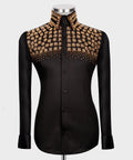 Luxury men's black hand-beaded formal dress shirt featuring intricate decorative embellishments and premium tailored craftsmanship.