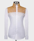 Luxury men's white hand-beaded formal dress shirt featuring intricate decorative embellishments and premium tailored craftsmanship.