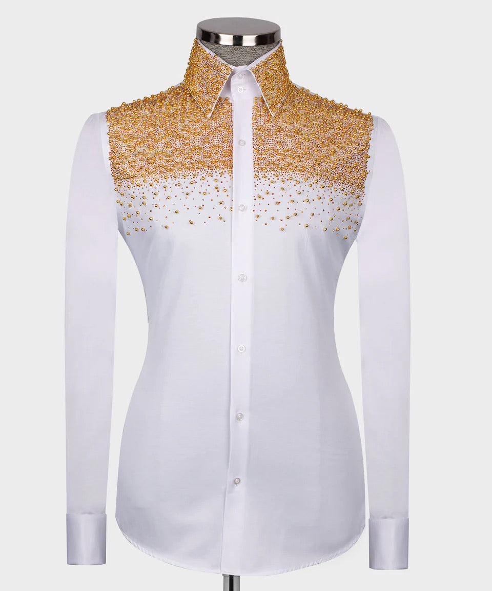 Luxury men's white hand-beaded formal dress shirt featuring intricate decorative embellishments and premium tailored craftsmanship.