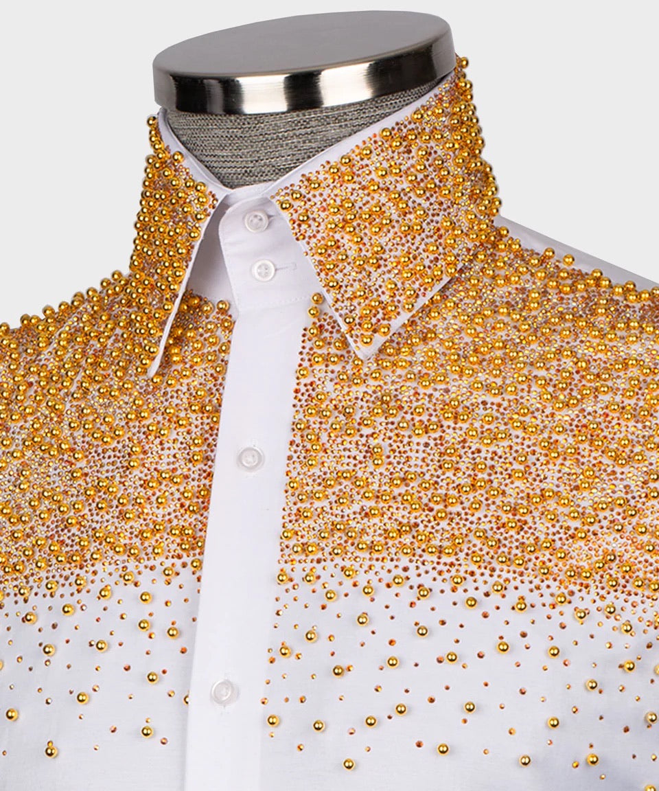 Luxury men's white hand-beaded formal dress shirt featuring intricate decorative embellishments and premium tailored craftsmanship.