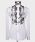 Luxury men's white hand-beaded formal dress shirt featuring intricate decorative embellishments and premium tailored craftsmanship.