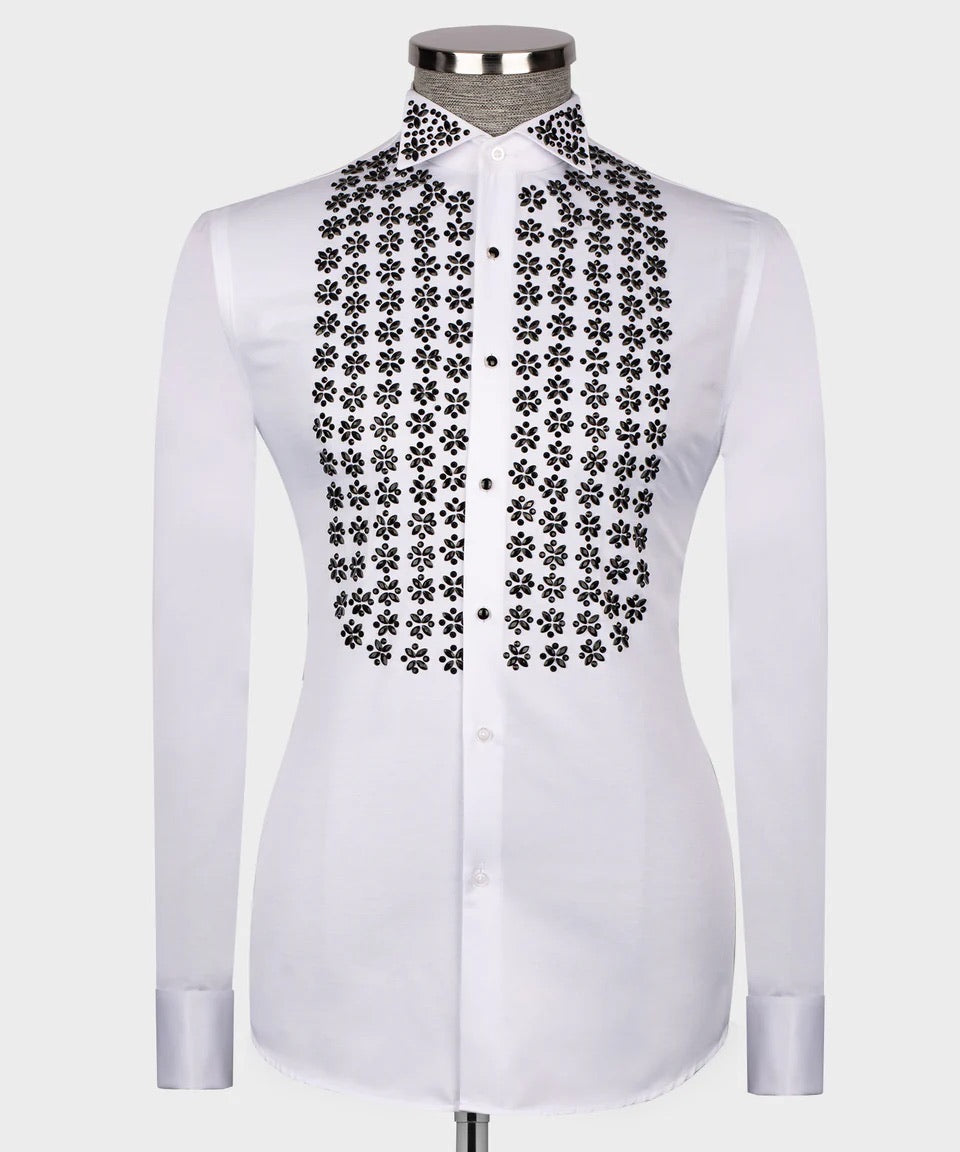 Luxury men's white hand-beaded formal dress shirt featuring intricate decorative embellishments and premium tailored craftsmanship.