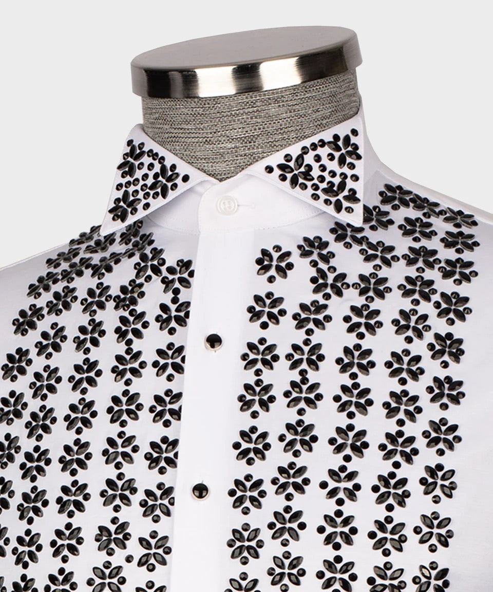 Men's Luxury Hand-Beaded Dress Shirt- White