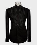 Luxury men's black hand-beaded formal dress shirt featuring intricate decorative embellishments and premium tailored craftsmanship.