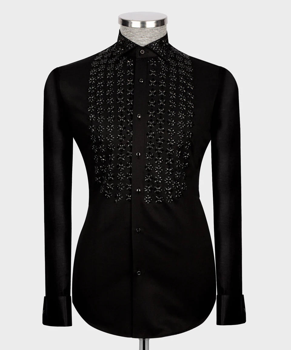 Luxury men's black hand-beaded formal dress shirt featuring intricate decorative embellishments and premium tailored craftsmanship.
