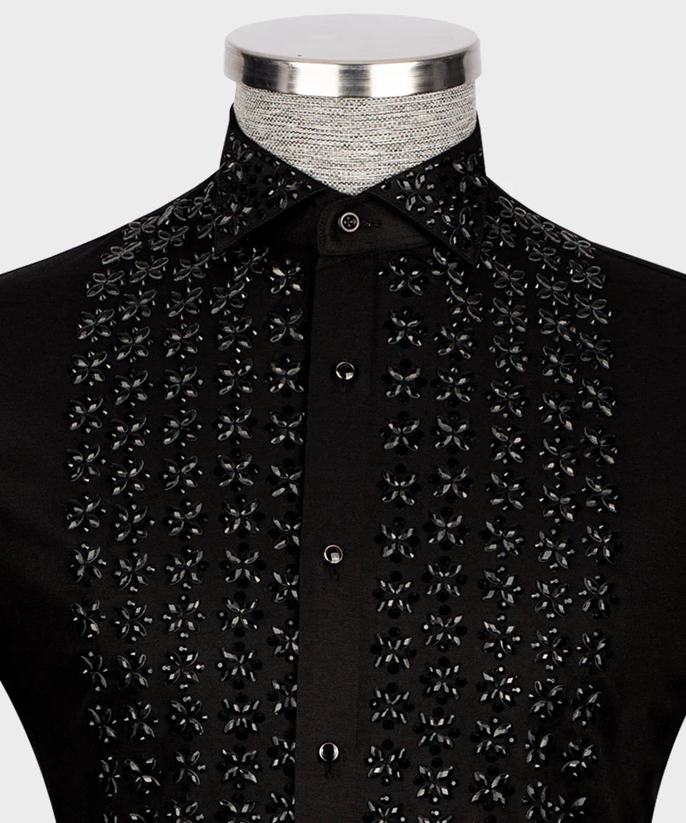 Men's Luxury Hand-Beaded Dress Shirt- Black