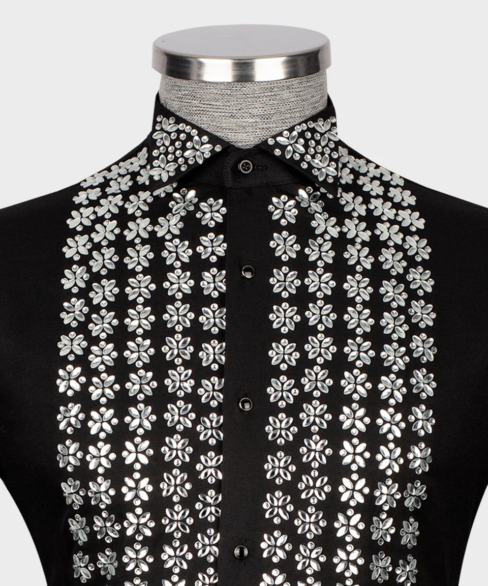 Men's Luxury Hand-Beaded Dress Shirt- Black
