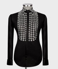 Luxury men's black hand-beaded formal dress shirt featuring intricate decorative embellishments and premium tailored craftsmanship.