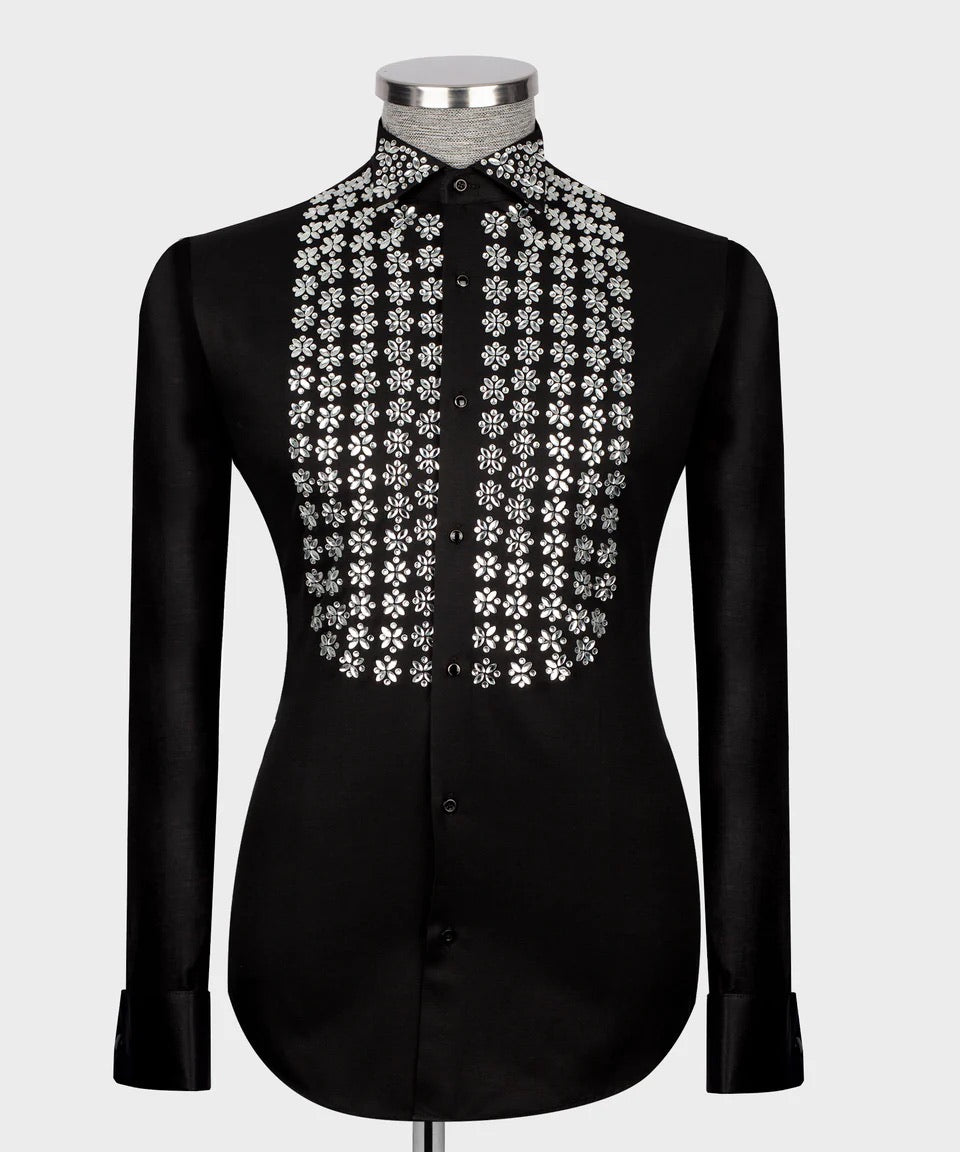 Luxury men's black hand-beaded formal dress shirt featuring intricate decorative embellishments and premium tailored craftsmanship.