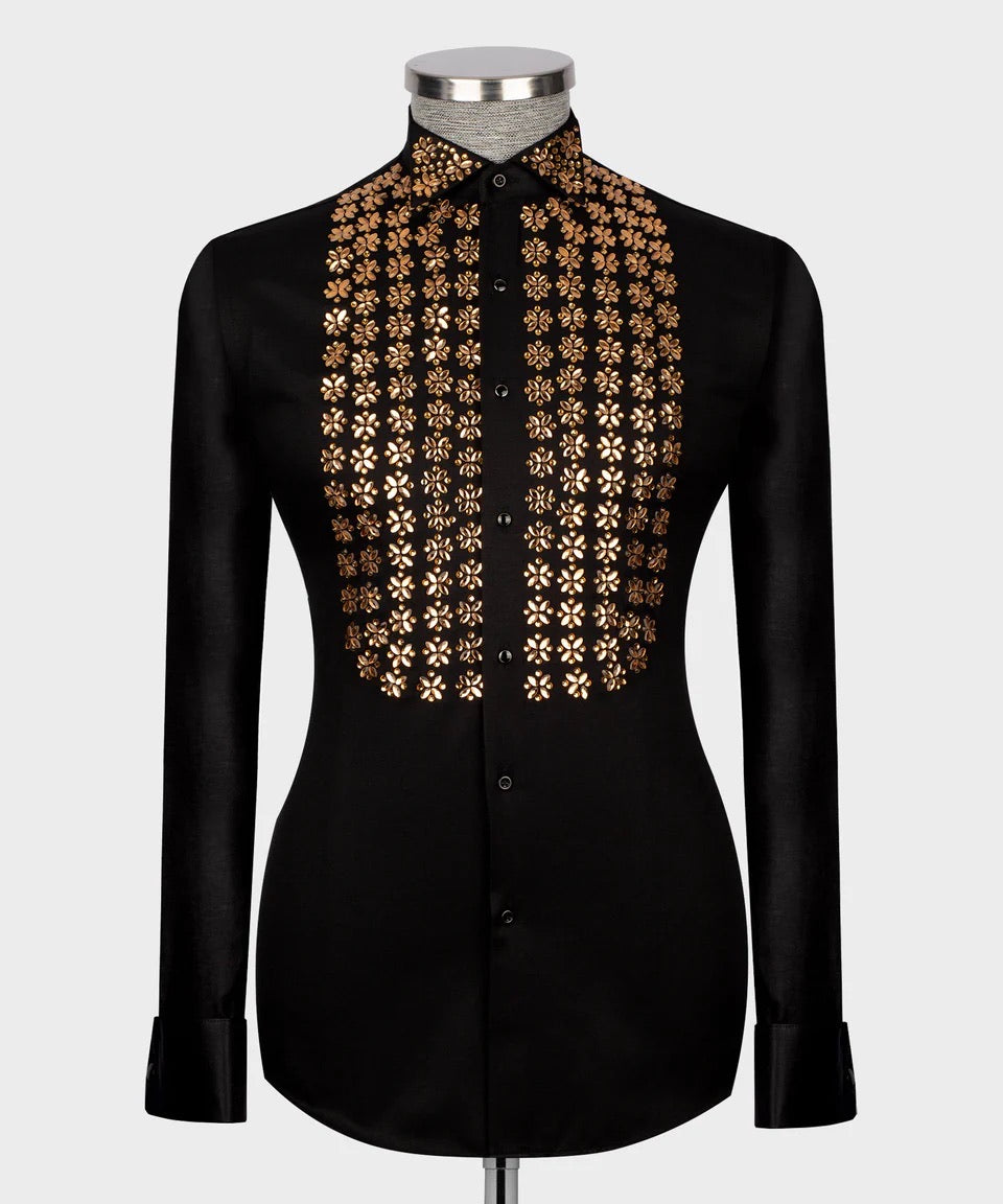 Luxury men's black hand-beaded formal dress shirt featuring intricate decorative embellishments and premium tailored craftsmanship.