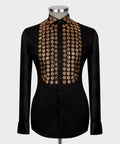 Luxury men's black hand-beaded formal dress shirt featuring intricate decorative embellishments and premium tailored craftsmanship.