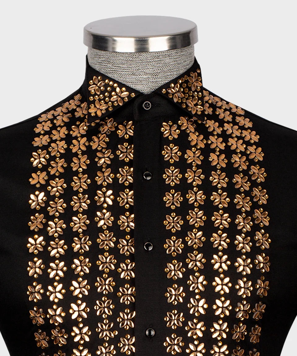 Men's Luxury Hand-Beaded Dress Shirt- Black
