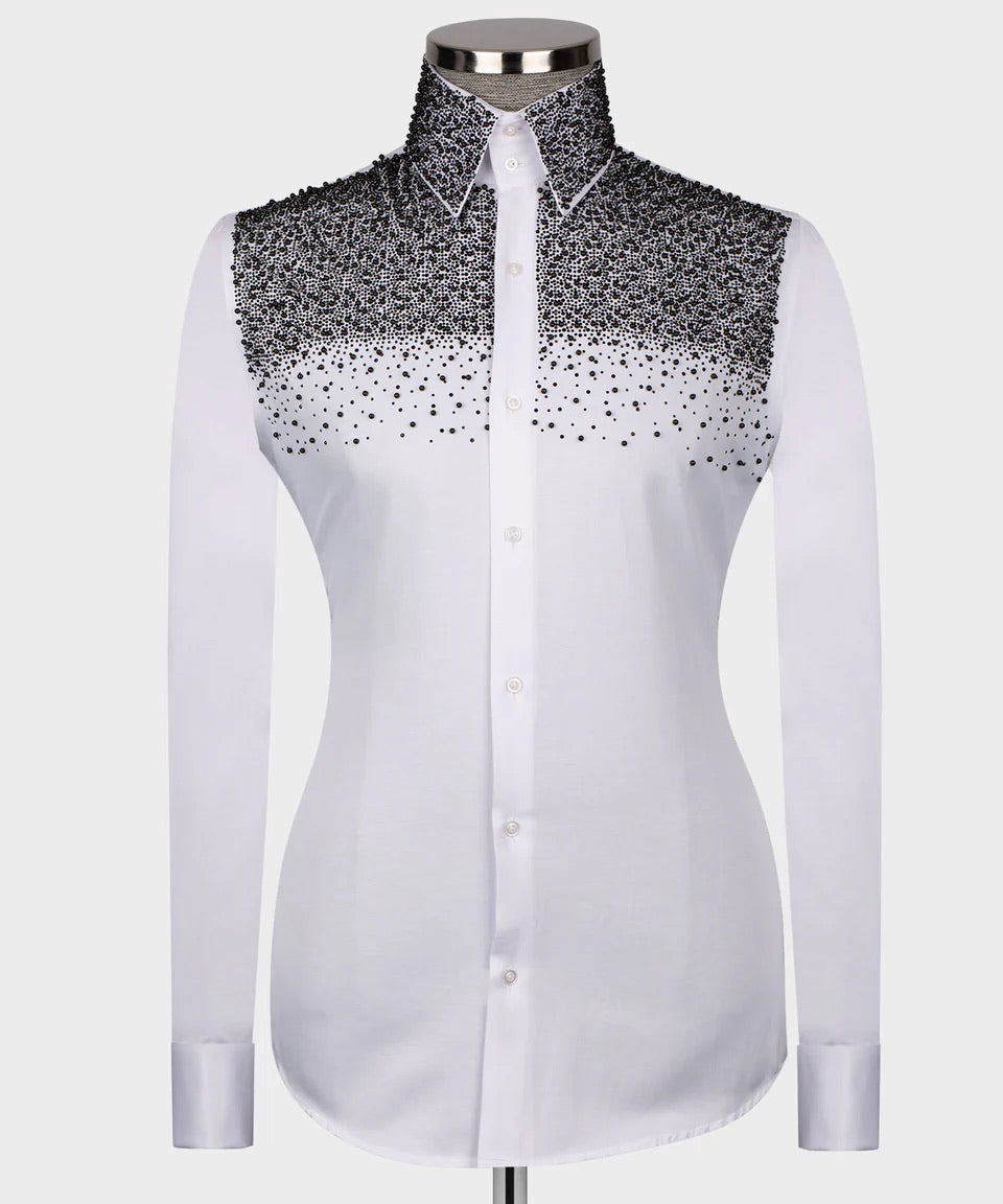 Luxury men's white hand-beaded formal dress shirt featuring intricate decorative embellishments and premium tailored craftsmanship.