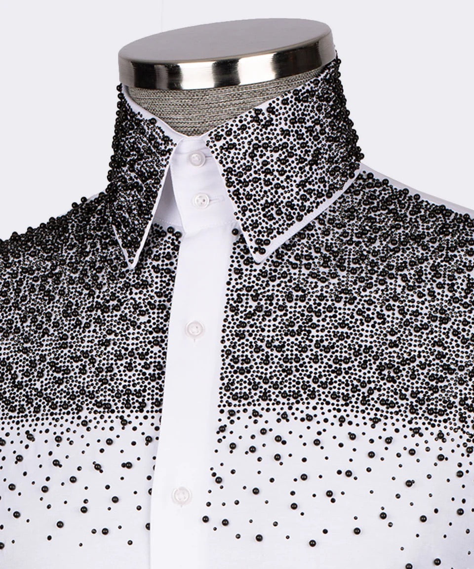Men's Luxury Hand-Beaded Dress Shirt- White