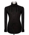 Luxury men's black hand-beaded formal dress shirt featuring intricate decorative embellishments and premium tailored craftsmanship.