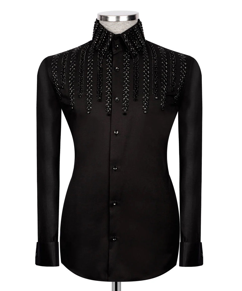 Luxury men's black hand-beaded formal dress shirt featuring intricate decorative embellishments and premium tailored craftsmanship.