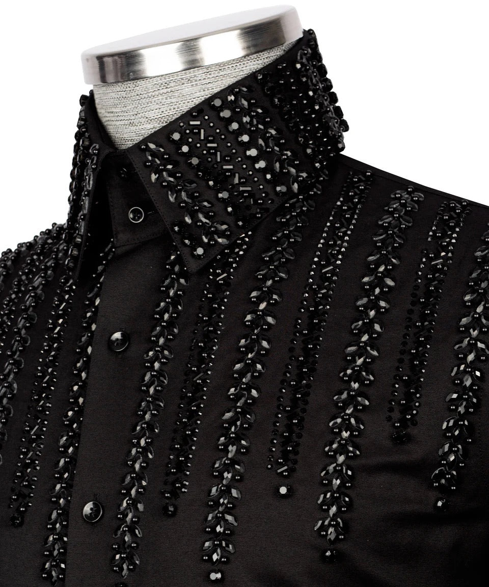 Men's Luxury Hand-Beaded Dress Shirt- Black