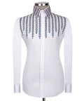 Luxury men's white hand-beaded formal dress shirt featuring intricate decorative embellishments and premium tailored craftsmanship.