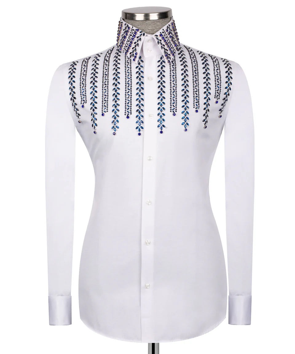 Luxury men's white hand-beaded formal dress shirt featuring intricate decorative embellishments and premium tailored craftsmanship.