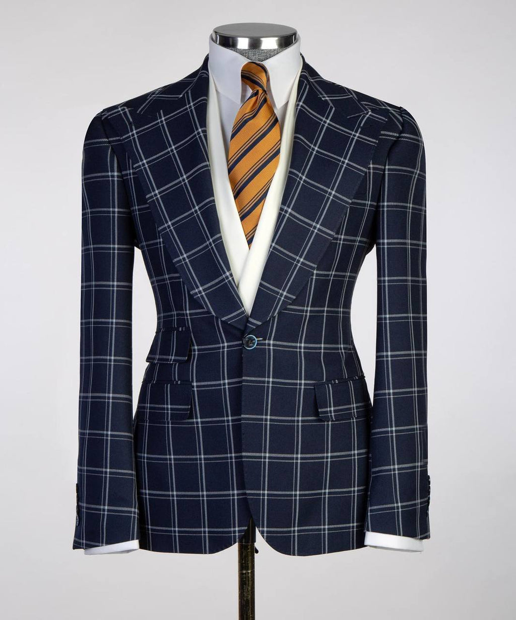 Plaid 3-Piece Suit-Navy