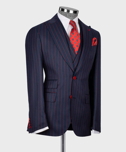 Men's Suit Set, %100 Wool, Striped, Navy